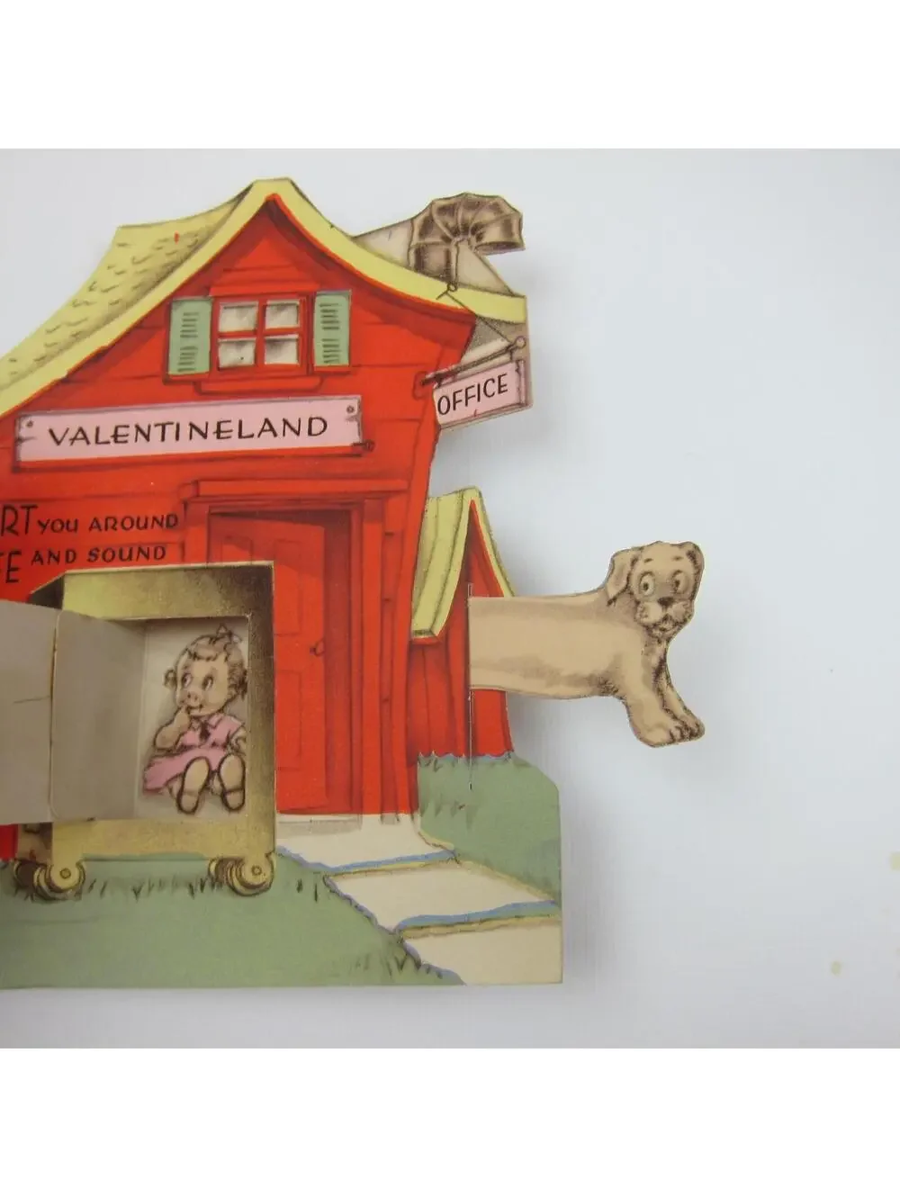 Vintage Valentine Card Mechanical Train Dog Moves Door Opens to Girl in Pink XL